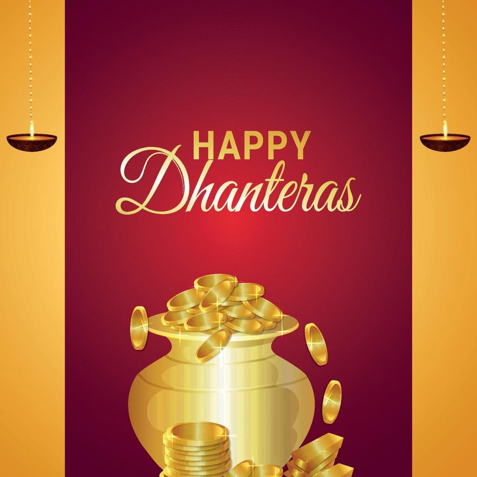 feliz dhanteras el festival de la india tarjeta de felicitación de invitación con ilustración vectorial de olla de monedas de oro vector