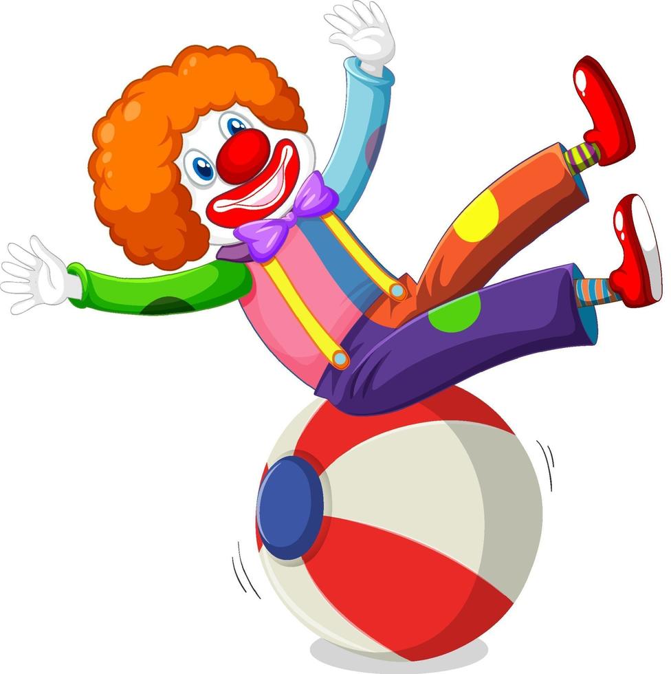 Espectáculo de personajes de payaso sentado en la pelota aislado sobre fondo blanco. vector