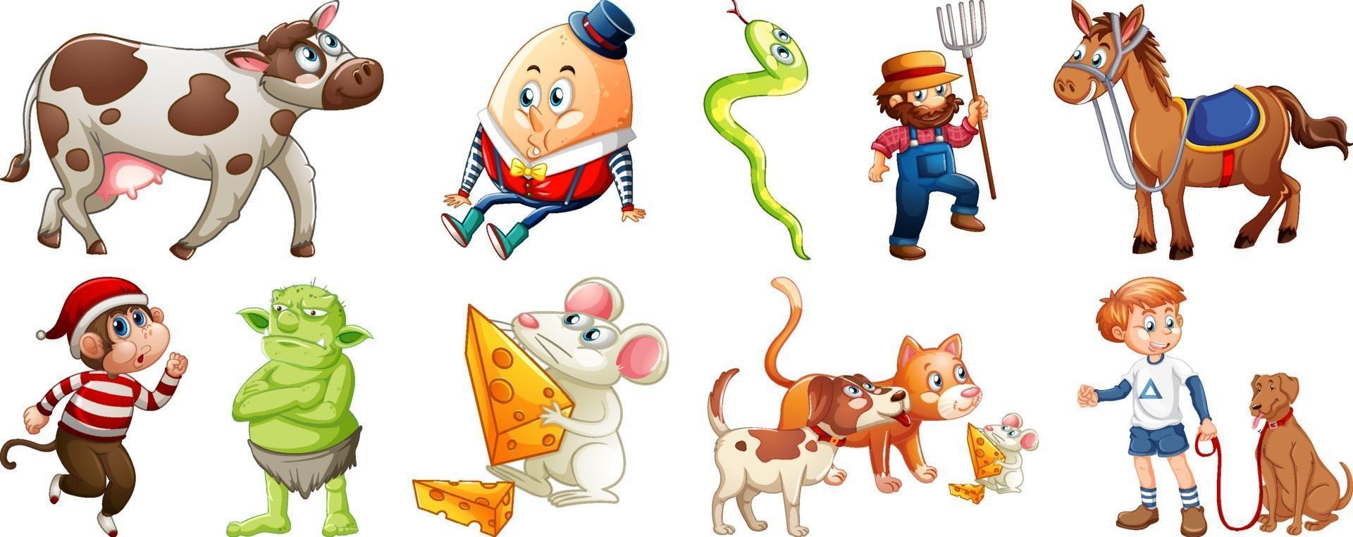 Conjunto de diferentes personajes de rimas infantiles aislado sobre fondo blanco. vector