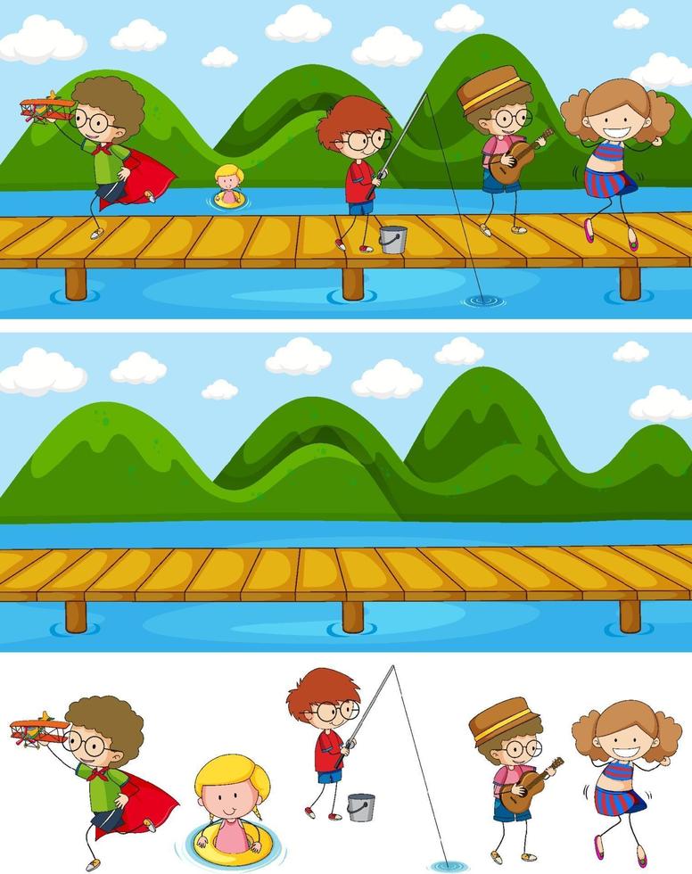 Set of different horizontal scenes background with doodle kids cartoon character vector