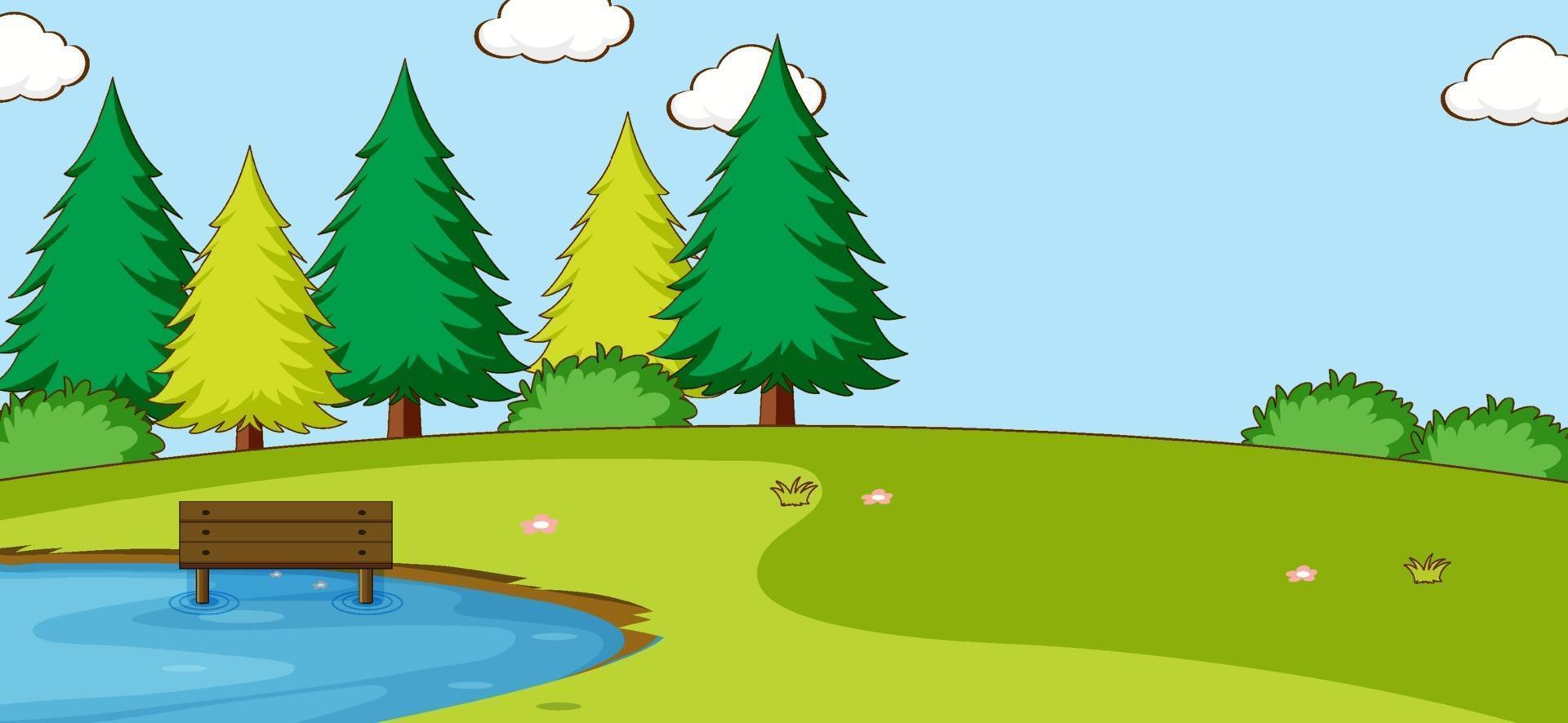 Empty park landscape scene with many tree and pond vector