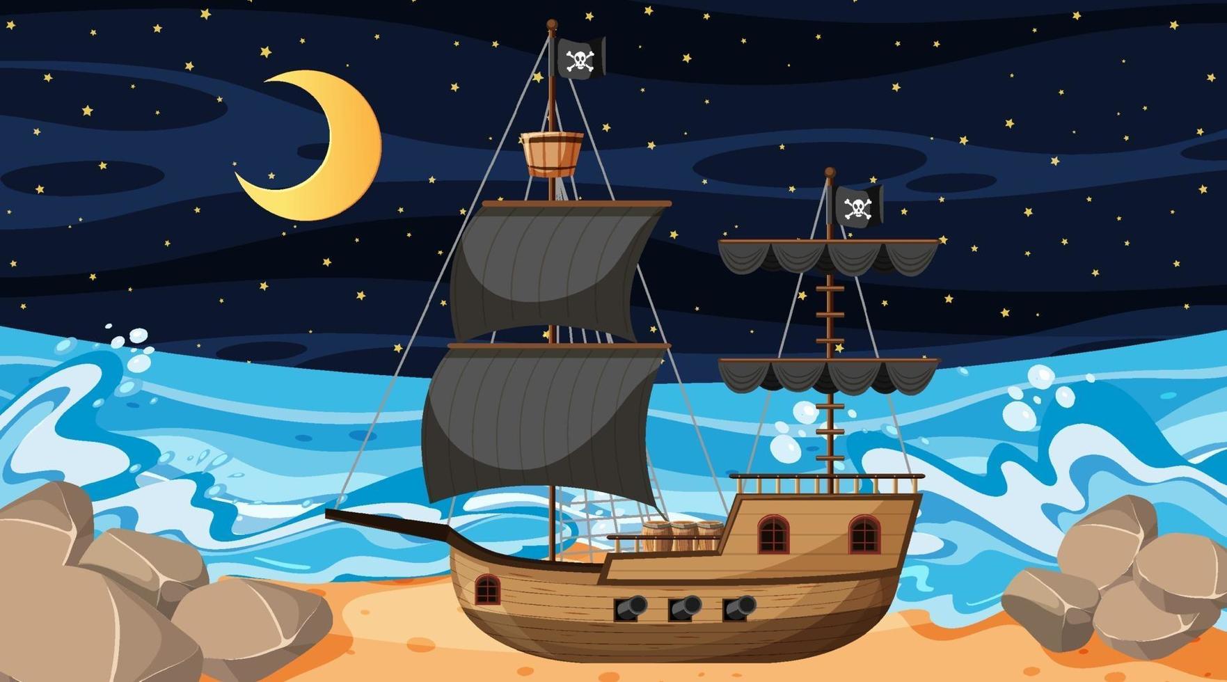 Ocean with Pirate ship at night scene in cartoon style vector