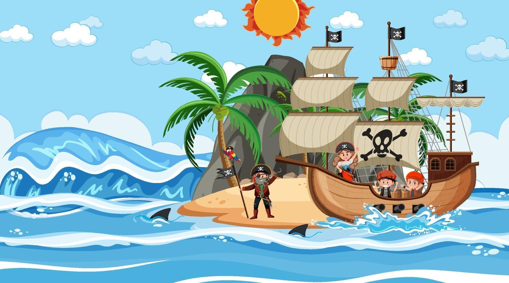 playa con barco pirata en la escena diurna en estilo de dibujos animados vector