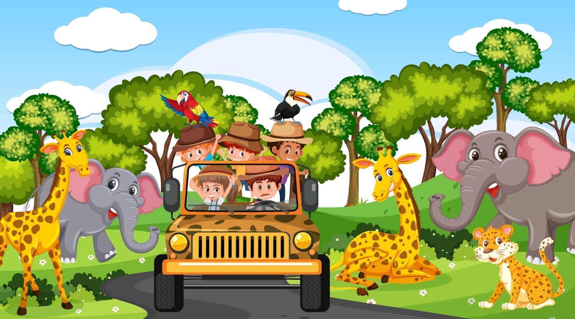 cartoon with family on safari