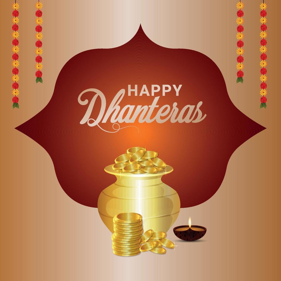 Shubh dhanteras greeting card design with golden coin pot with lotus flower vector