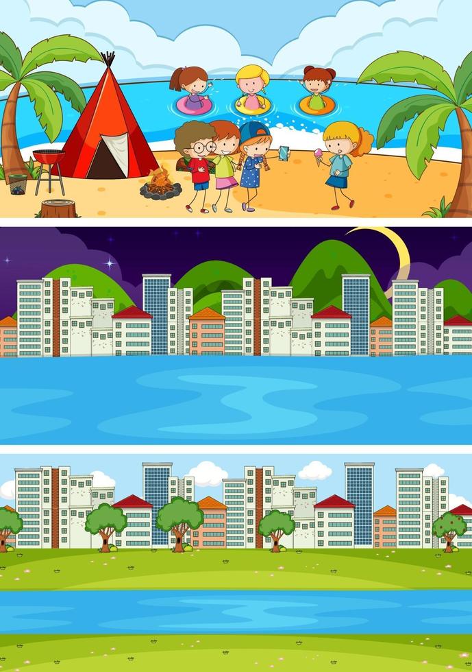 Conjunto de fondo de diferentes escenas de horizonte con personaje de dibujos animados de niños doodle vector