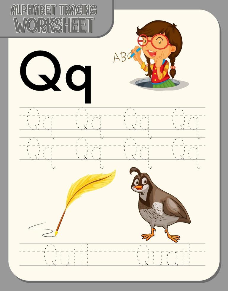 Alphabet tracing worksheet with letter Q and q vector