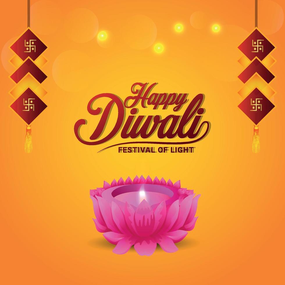 Happy diwali indian festival of light greeting card with creative lotus flower and diwali diya vector