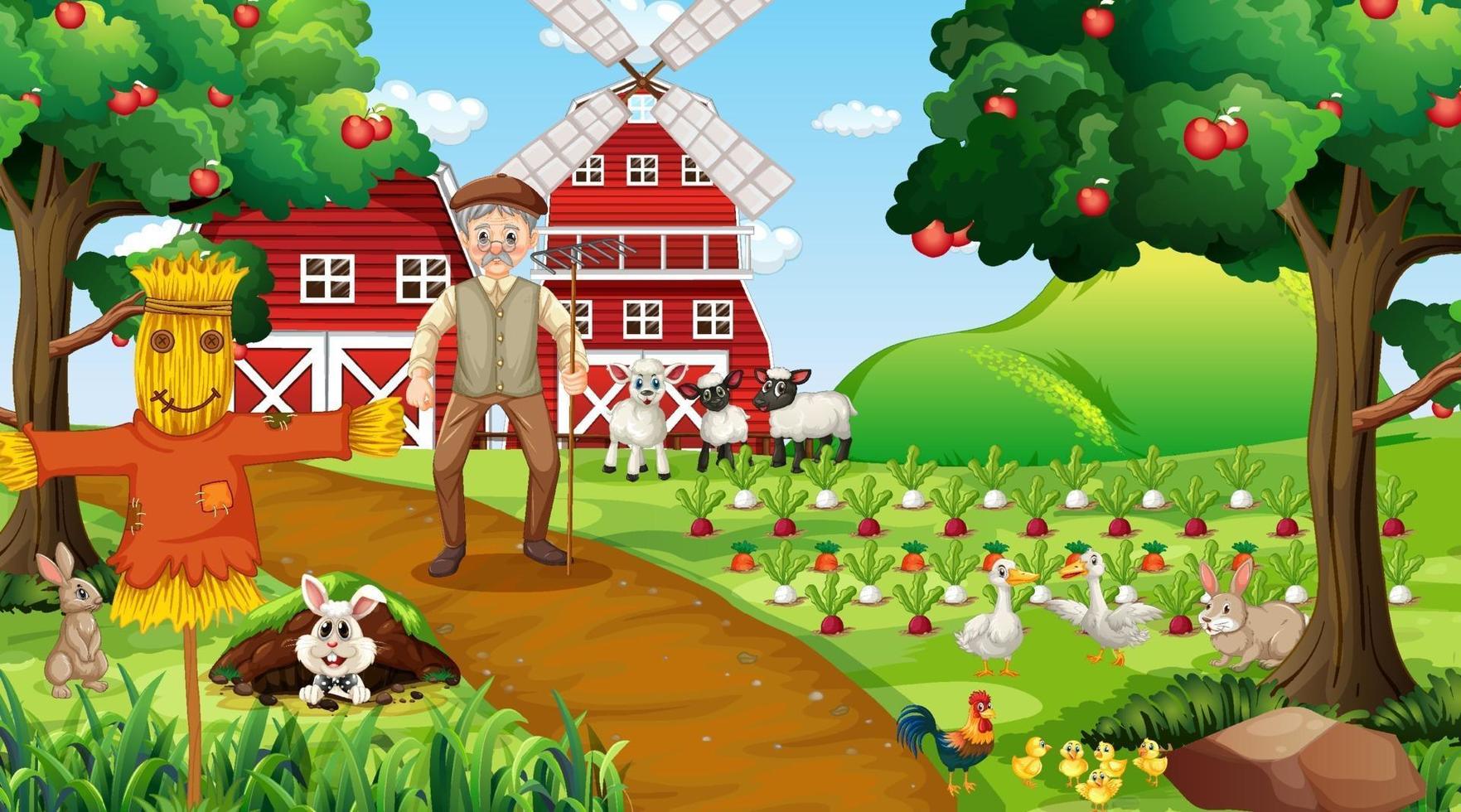 escena de la granja durante el día con el viejo granjero y animales lindos vector