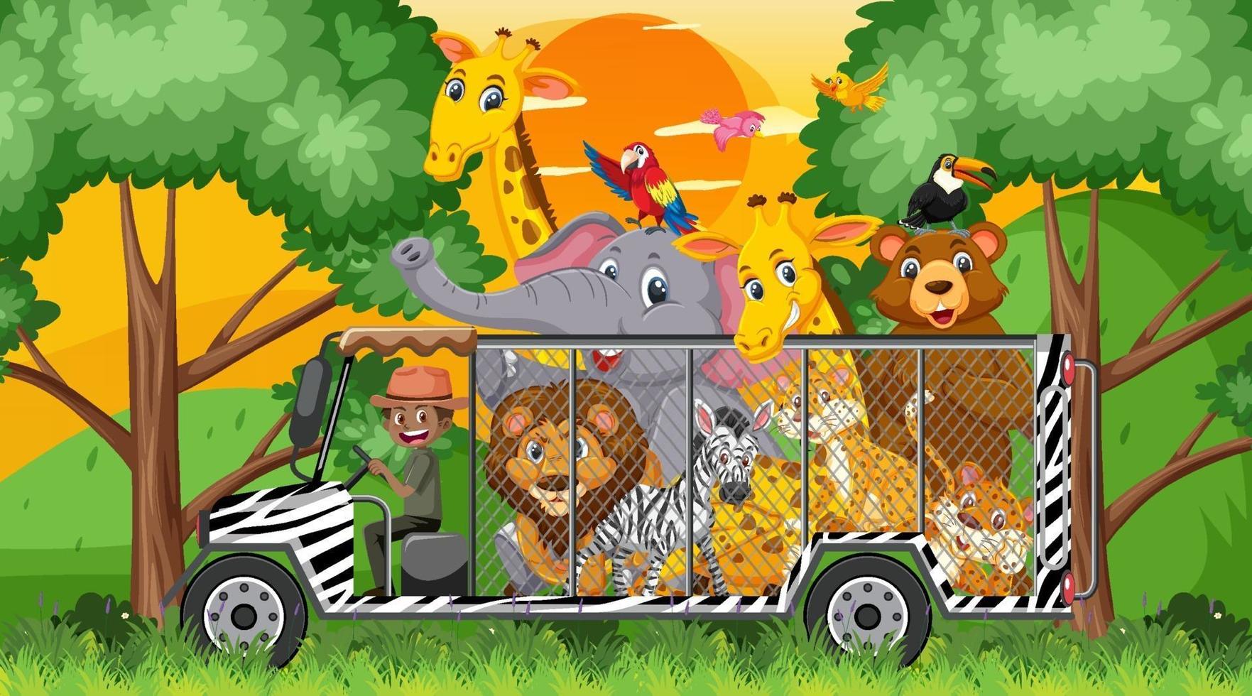 Escena de safari con animales salvajes en el coche de la jaula. vector