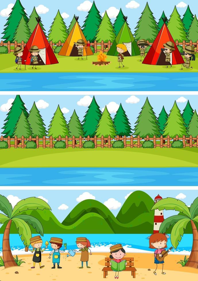 Conjunto de fondo de diferentes escenas horizontales con personaje de dibujos animados de niños doodle vector