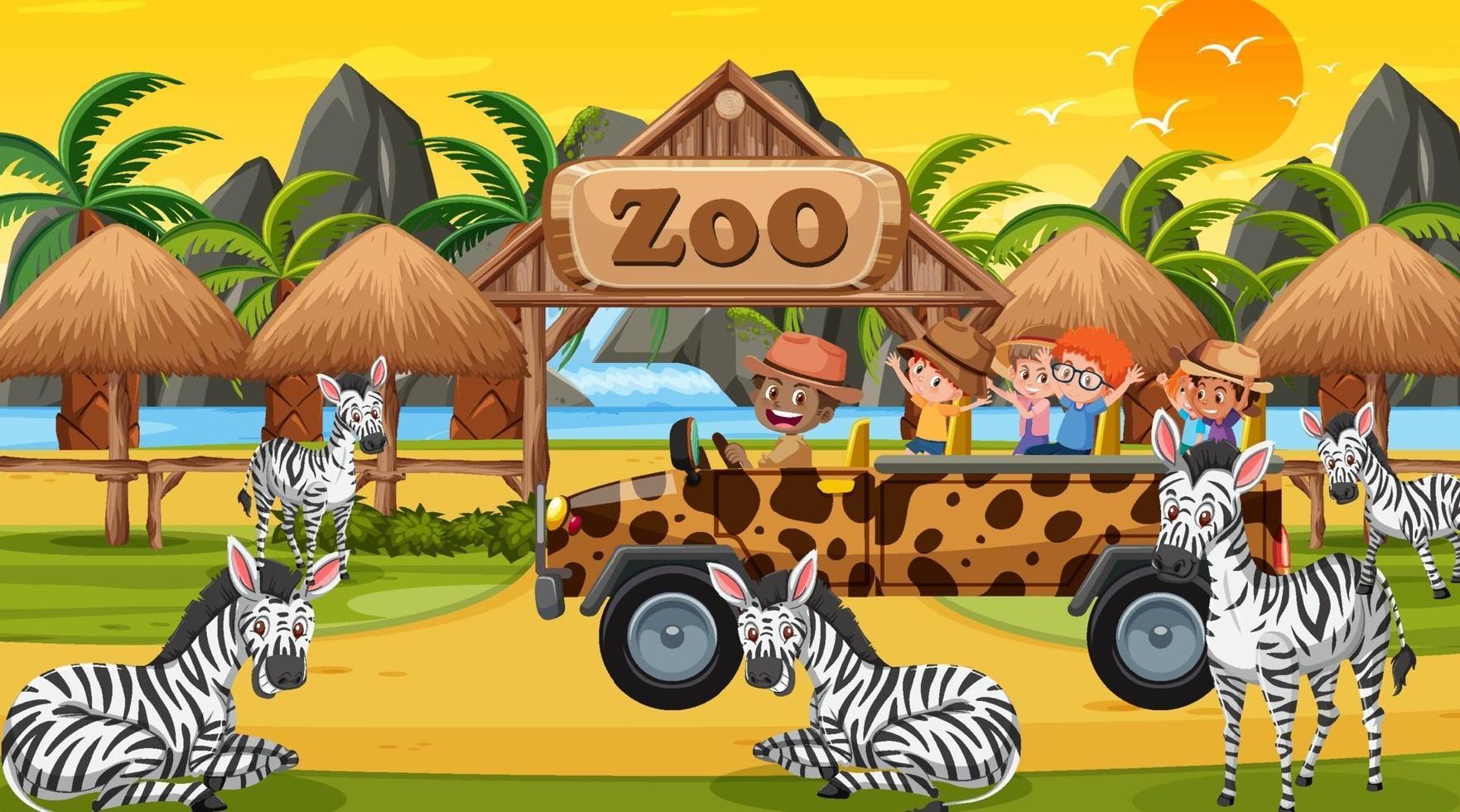 Safari en la escena del atardecer con niños viendo grupo de cebras vector