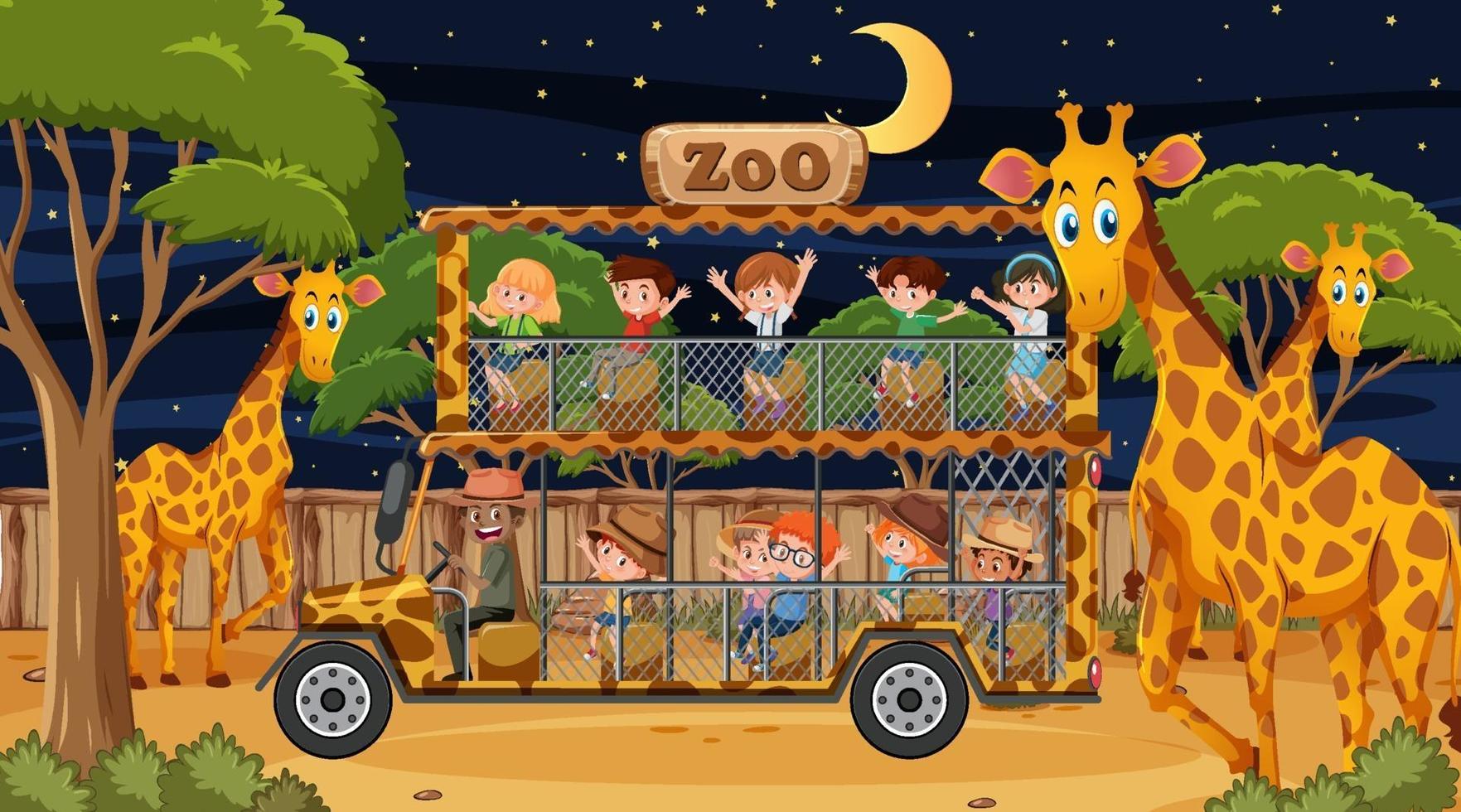 Safari en la escena nocturna con muchos niños viendo un grupo de jirafas. vector