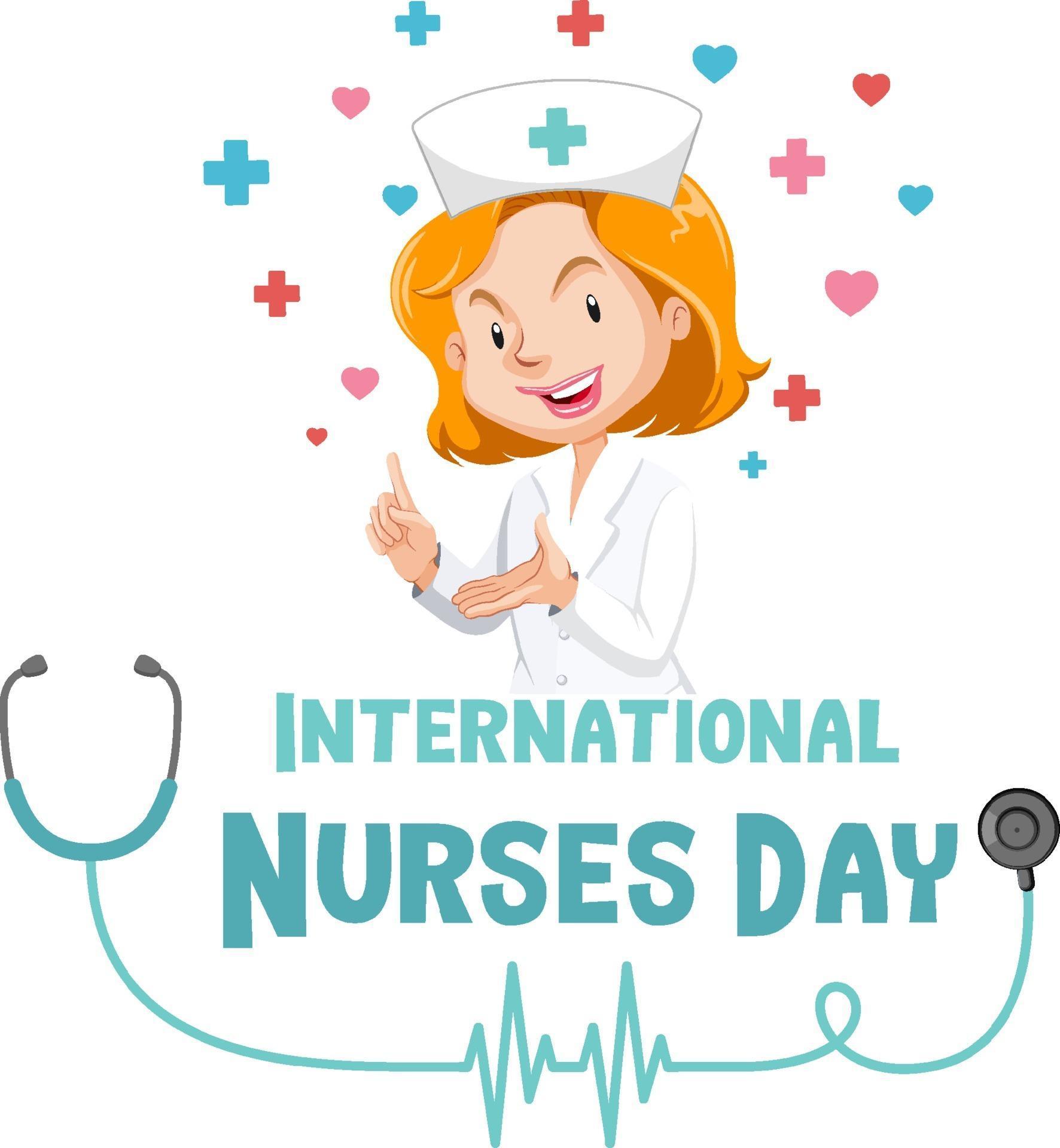 Happy International Nurses Day font with nurse cartoon character