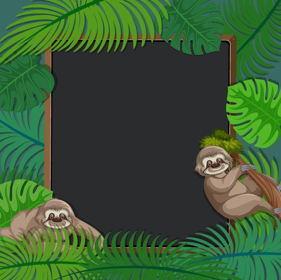 Empty tropical leaves frame banner with sloth cartoon character vector