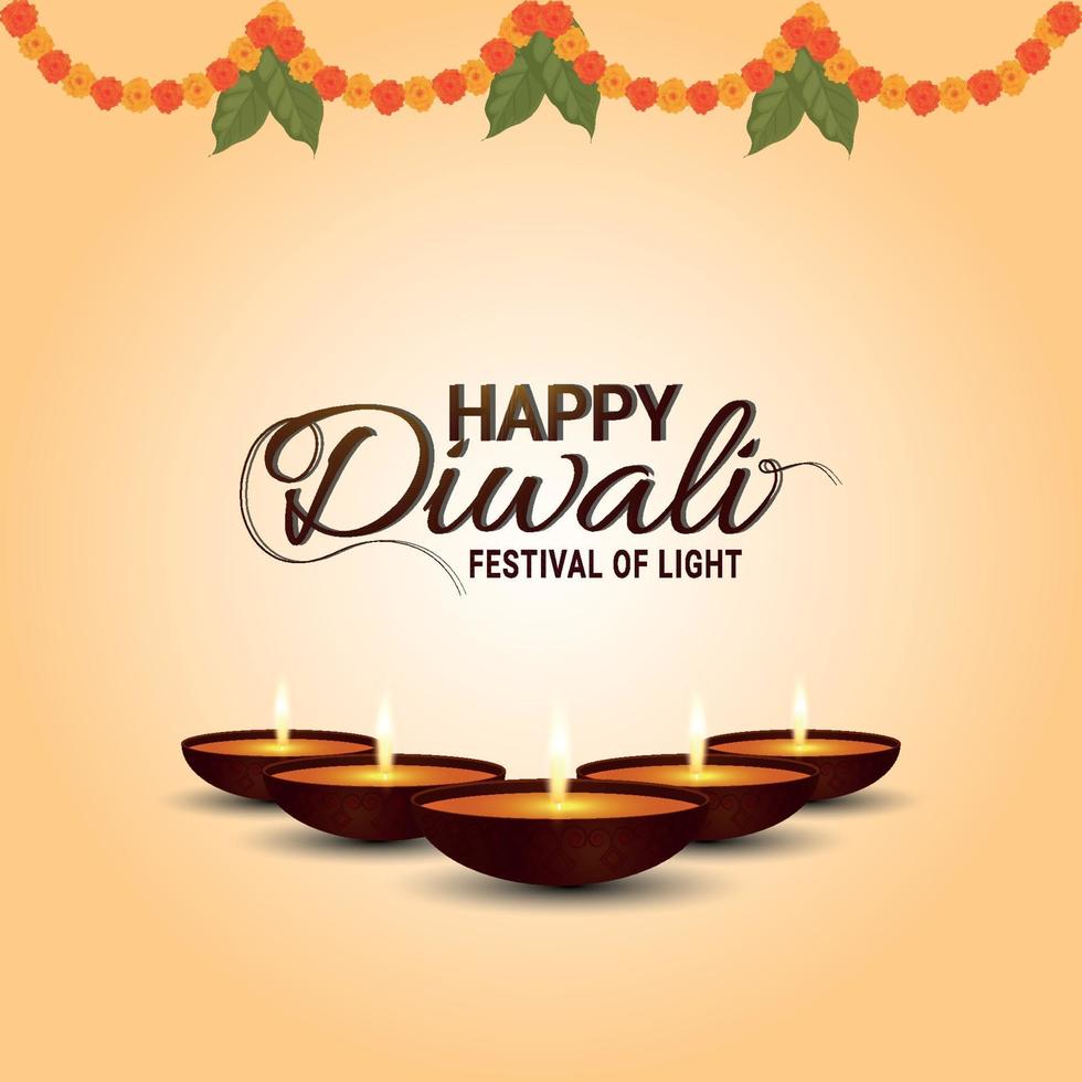 el festival de la luz feliz tarjeta de felicitación de celebración de diwali con guirnalda de flores y diwali diya vector