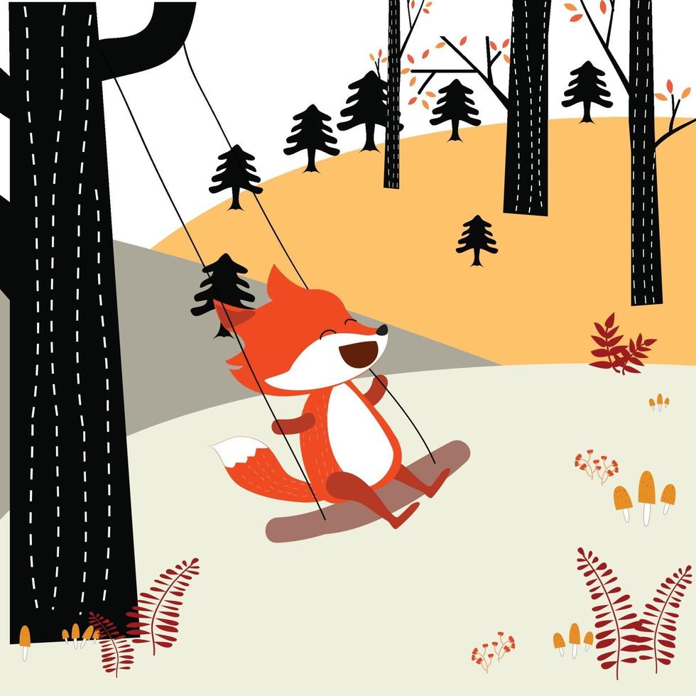 Baby fox plays swing in the spring forest vector
