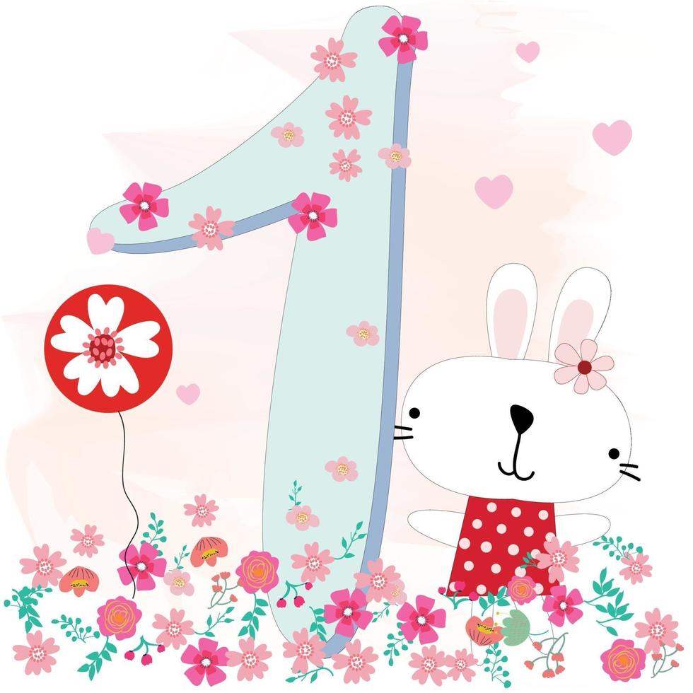 1st birthday card, rabbit in the garden 2288587 Vector Art at Vecteezy