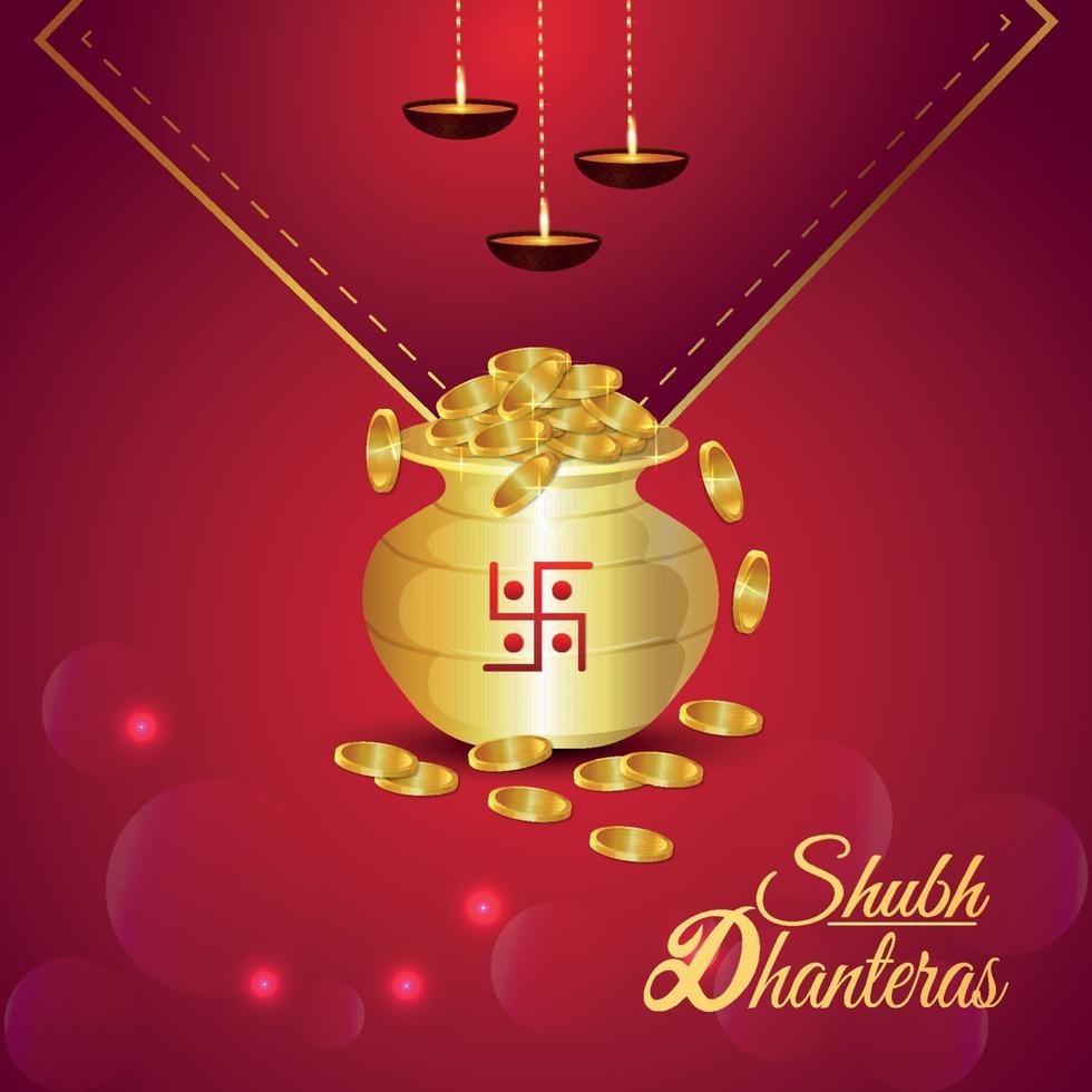 Creative vector illustration of shubh dhanteras celebration greeting card with creative gold coin pot