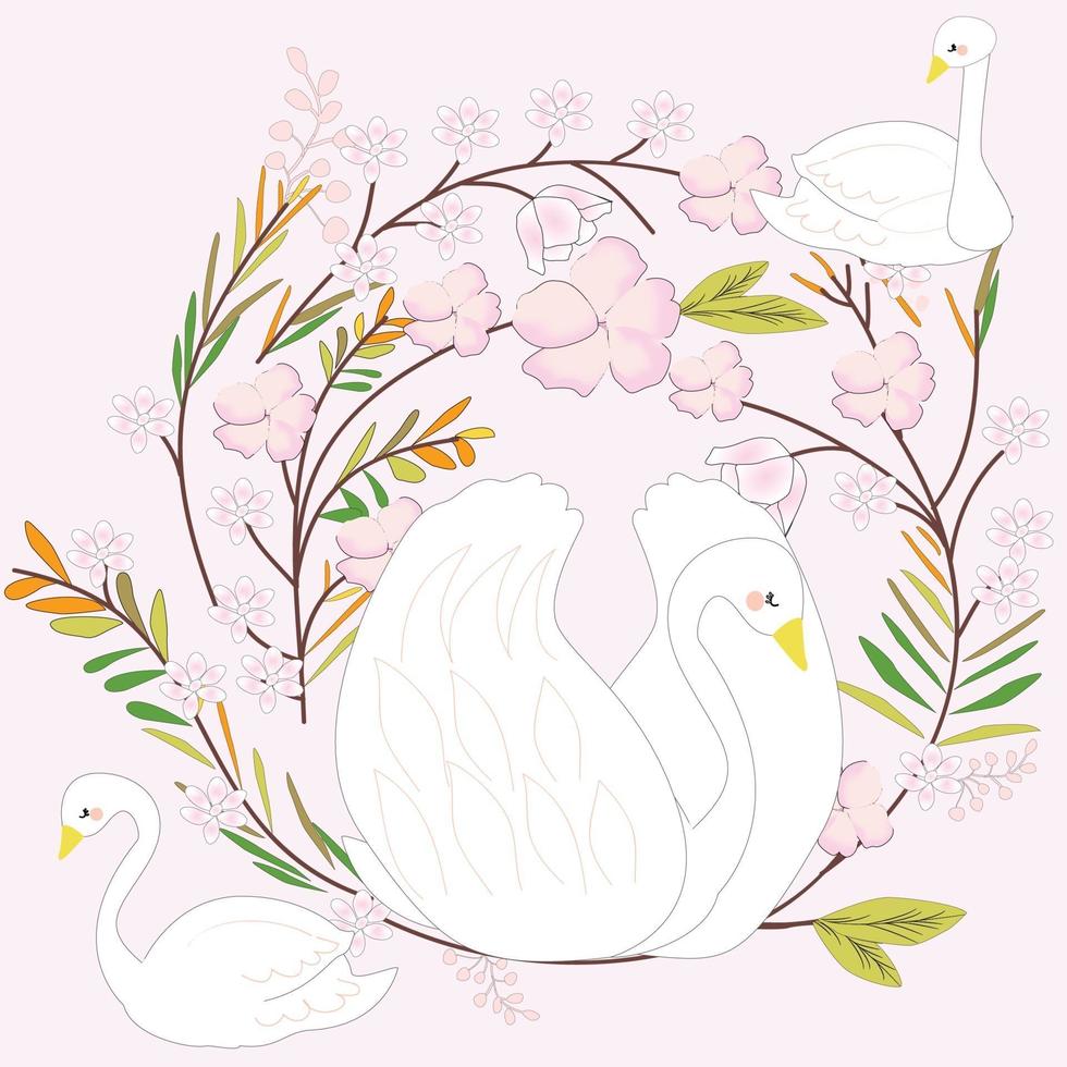 White swan cartoon, pink sweet flower frame vector