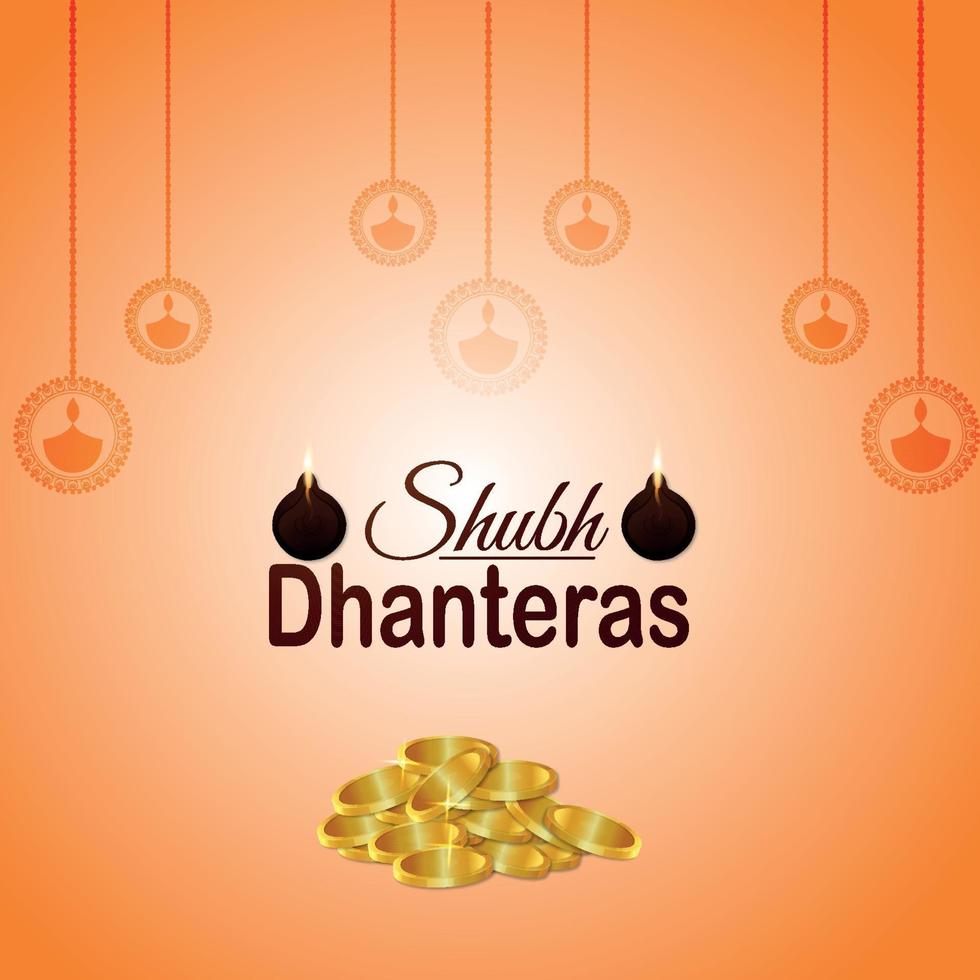 Tarjeta de felicitación de invitación feliz dhanteras con fondo y olla de monedas de oro creativas vector