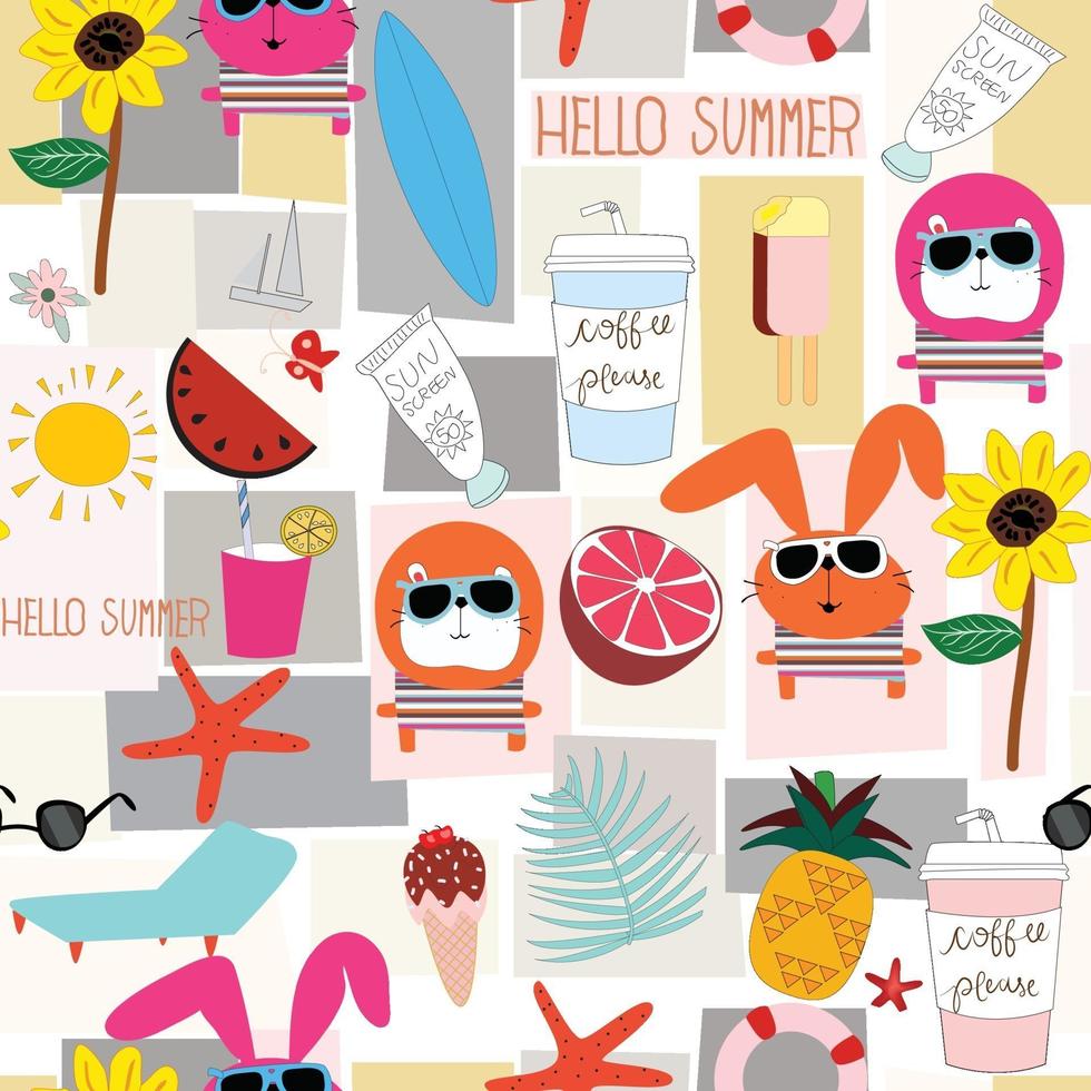 Cute summer object on sunny day cartoon pattern vector