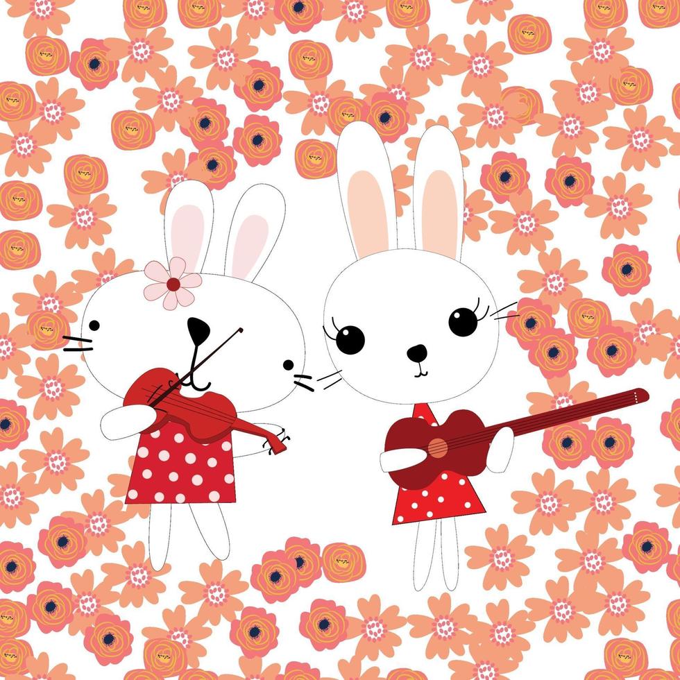 Cute rabbits cartoon play music in spring flower garden vector