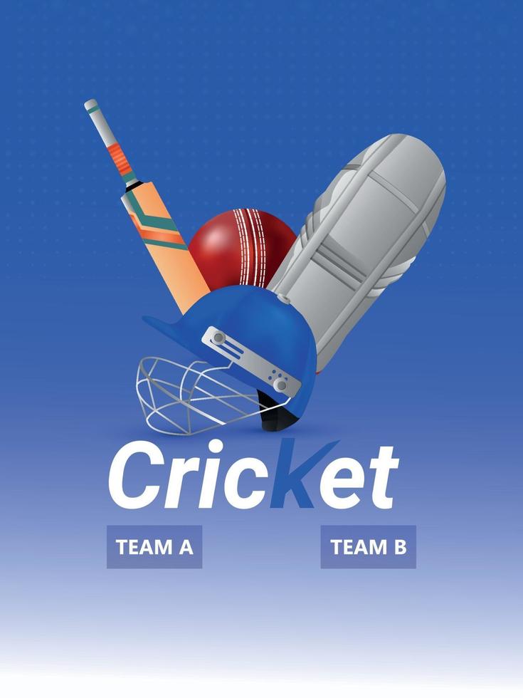 Cricket league tournament match with cricket equipment and stadium background vector