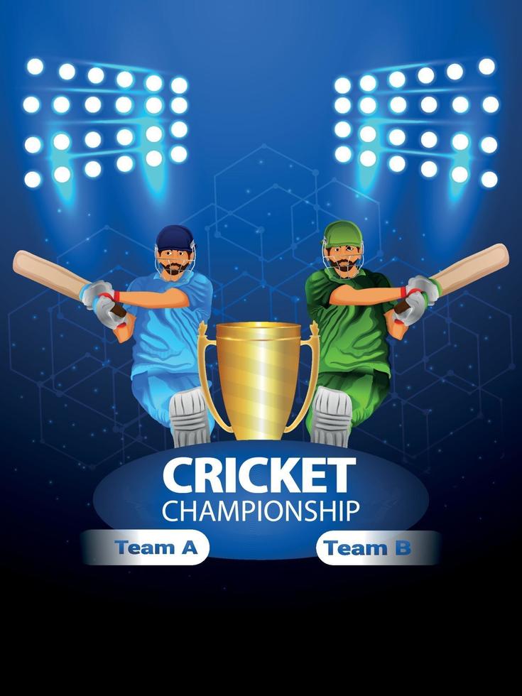 Partido de campeonato de cricket con ilustración vectorial de cricketer y estadio de fondo vector