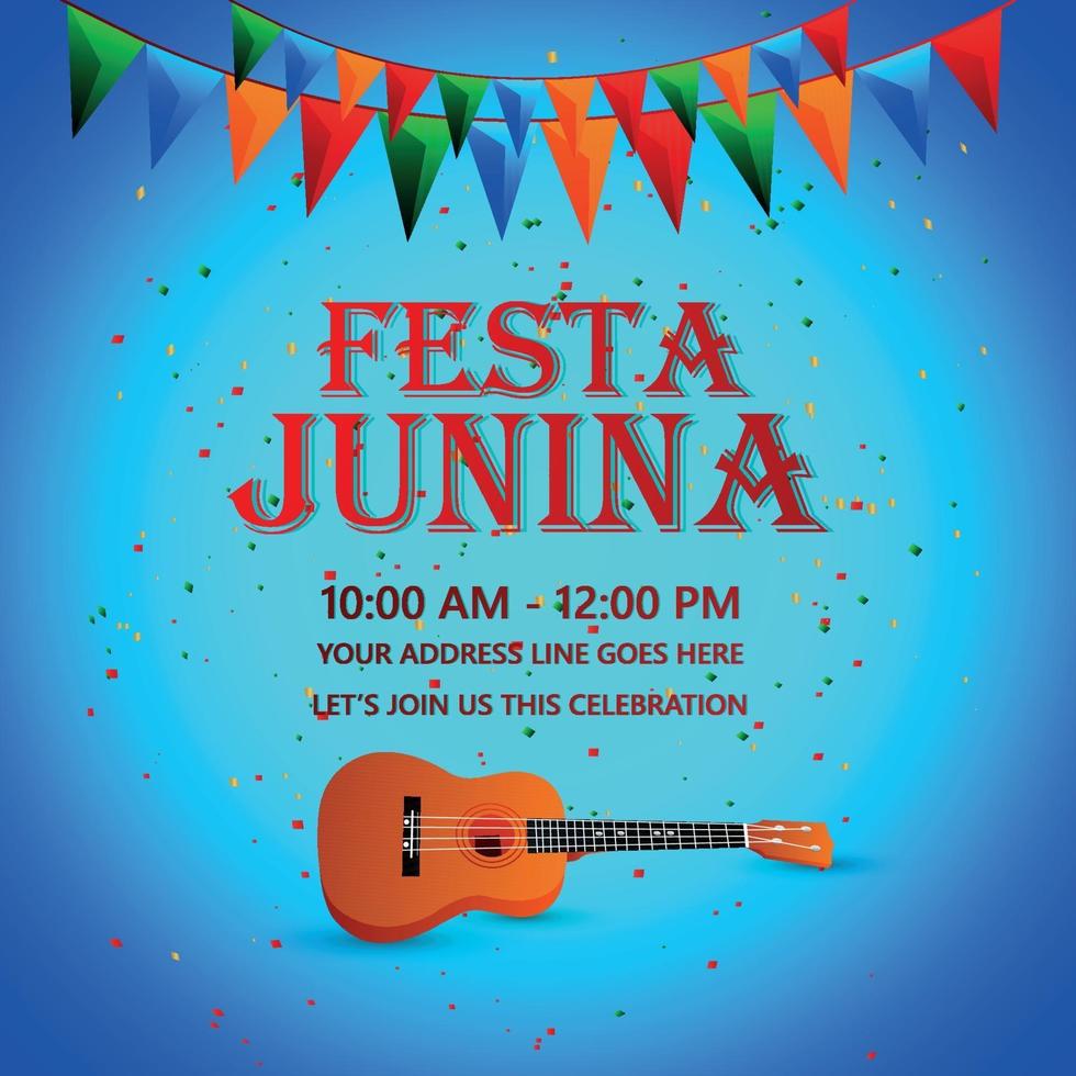 Evento de fiesta festa junina con colorida bandera de fiesta y guitarra. vector