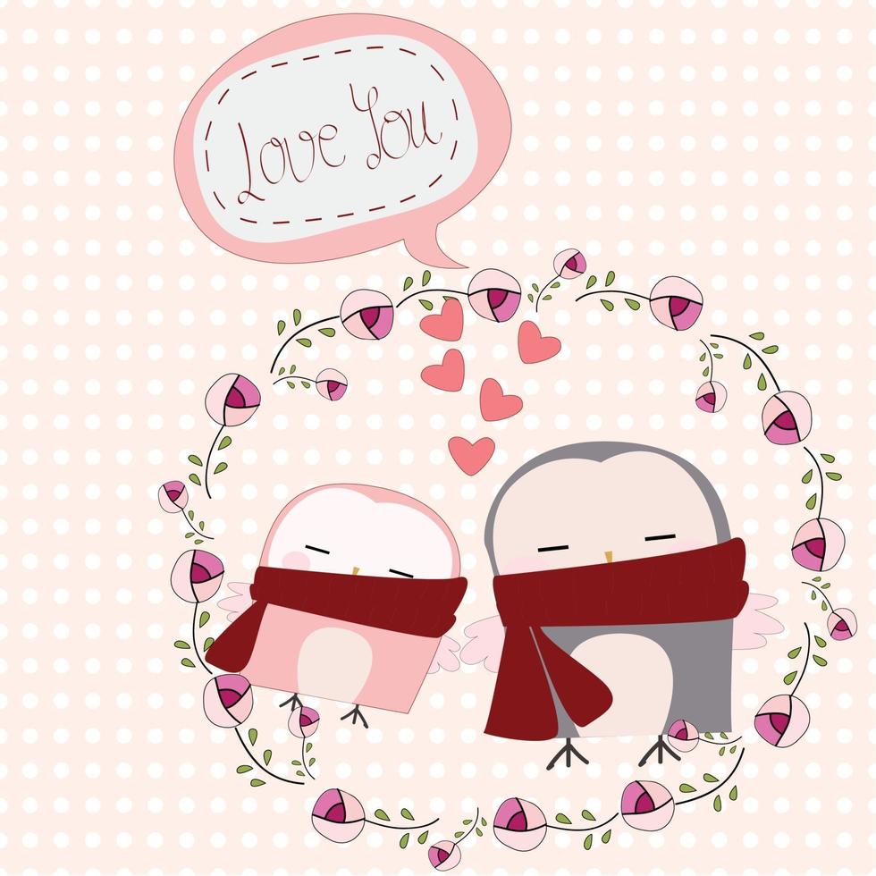 Cute owl couple in rose floral frame vector