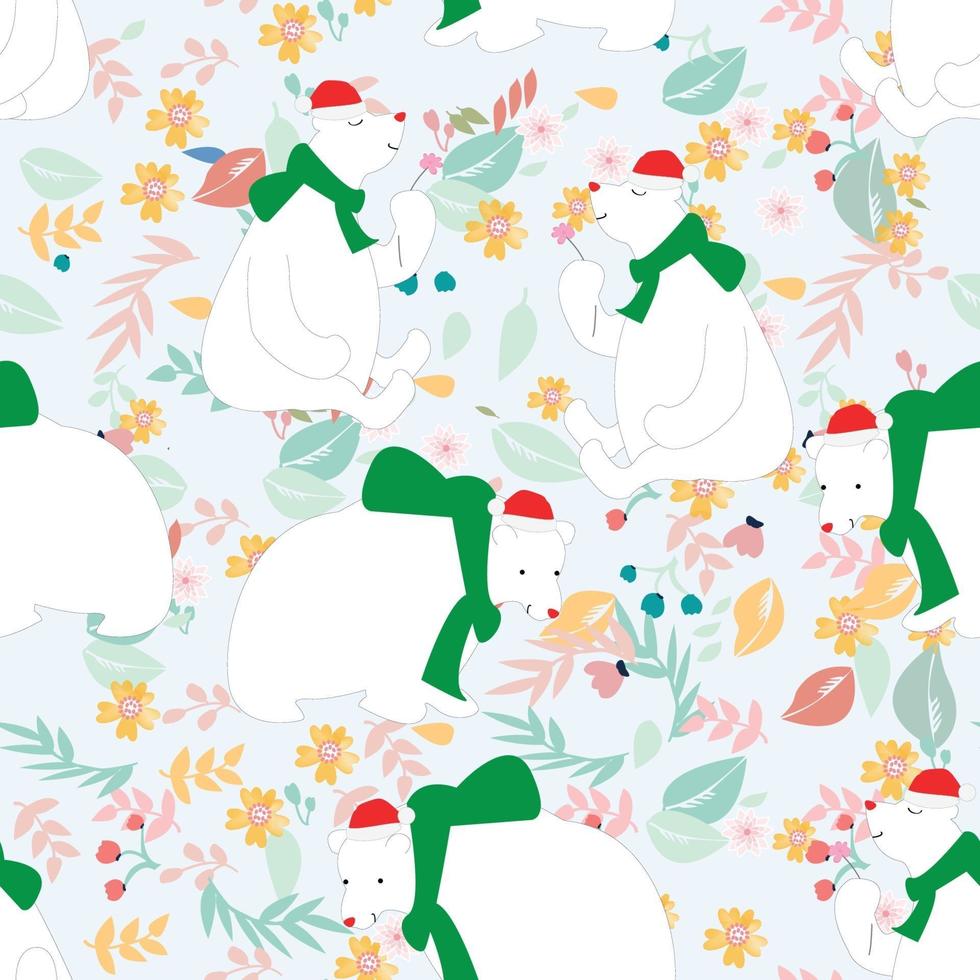 Cute polar bears in pastel color flowers seamless pattern vector