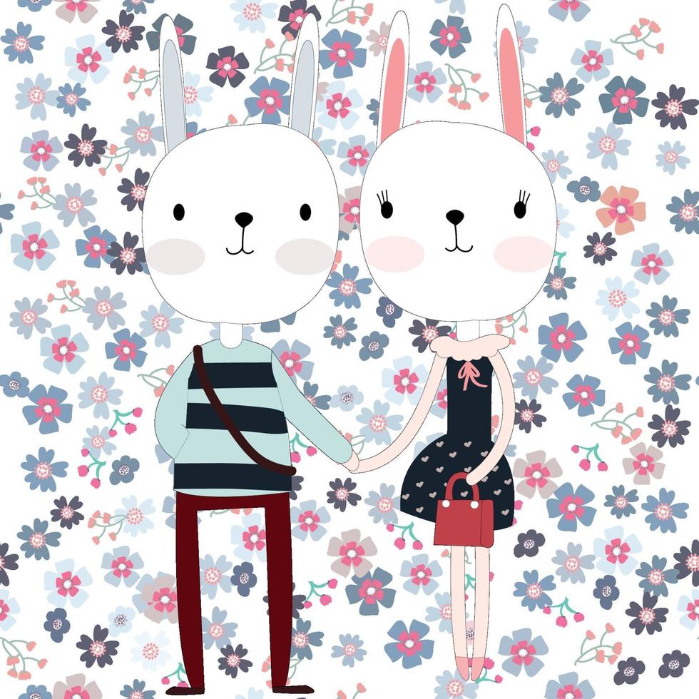 Cute rabbit couple on the flower background vector