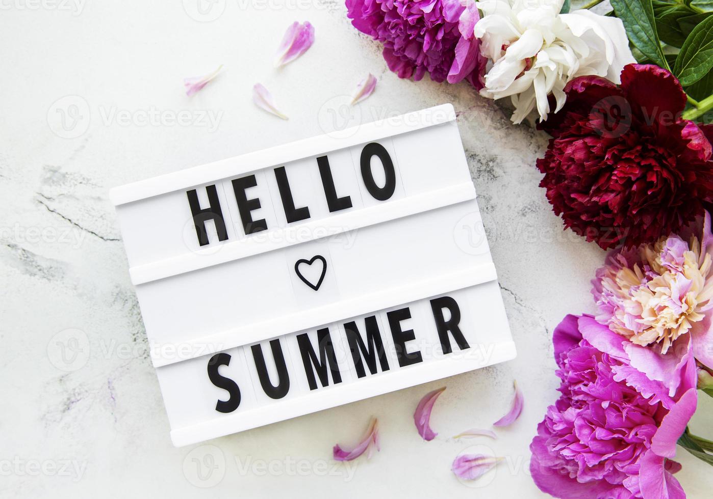 Hello summer text and peonies photo
