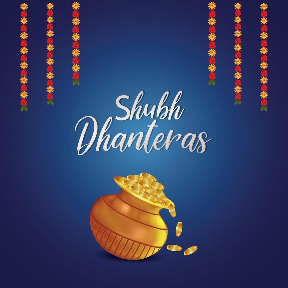 Dhanteras sale greeting card and banner with lotus flower and gold coin with kalash vector