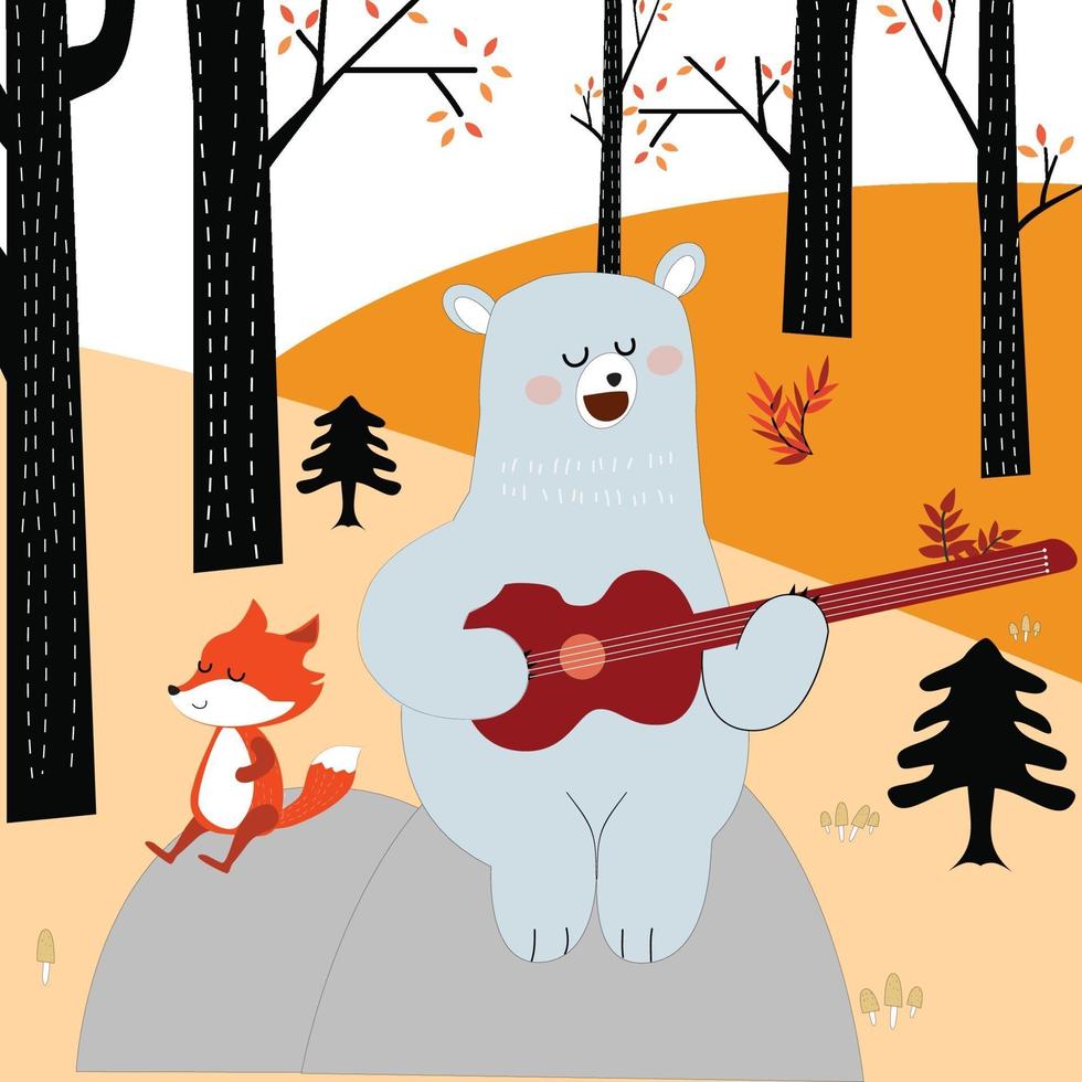 lindo zorro y oso de peluche tocando la guitarra en el bosque de la primavera vector