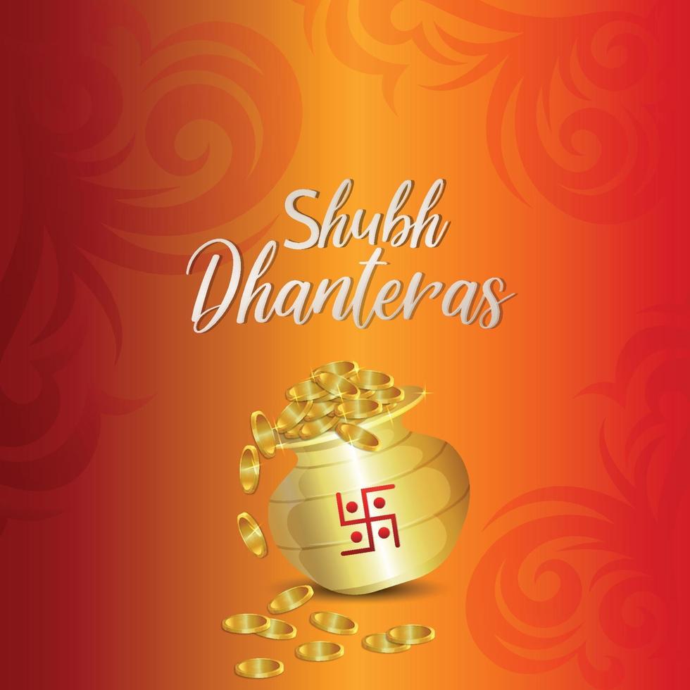 tarjeta de felicitación de invitación de celebración de shubh dhanteras con olla de moneda de oro creativa vector