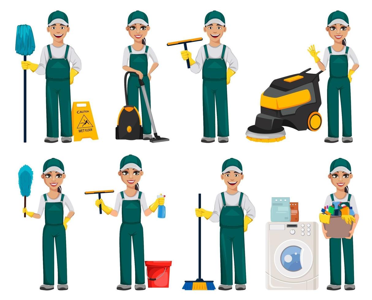 Cleaning service concept. Cheerful cartoon character vector