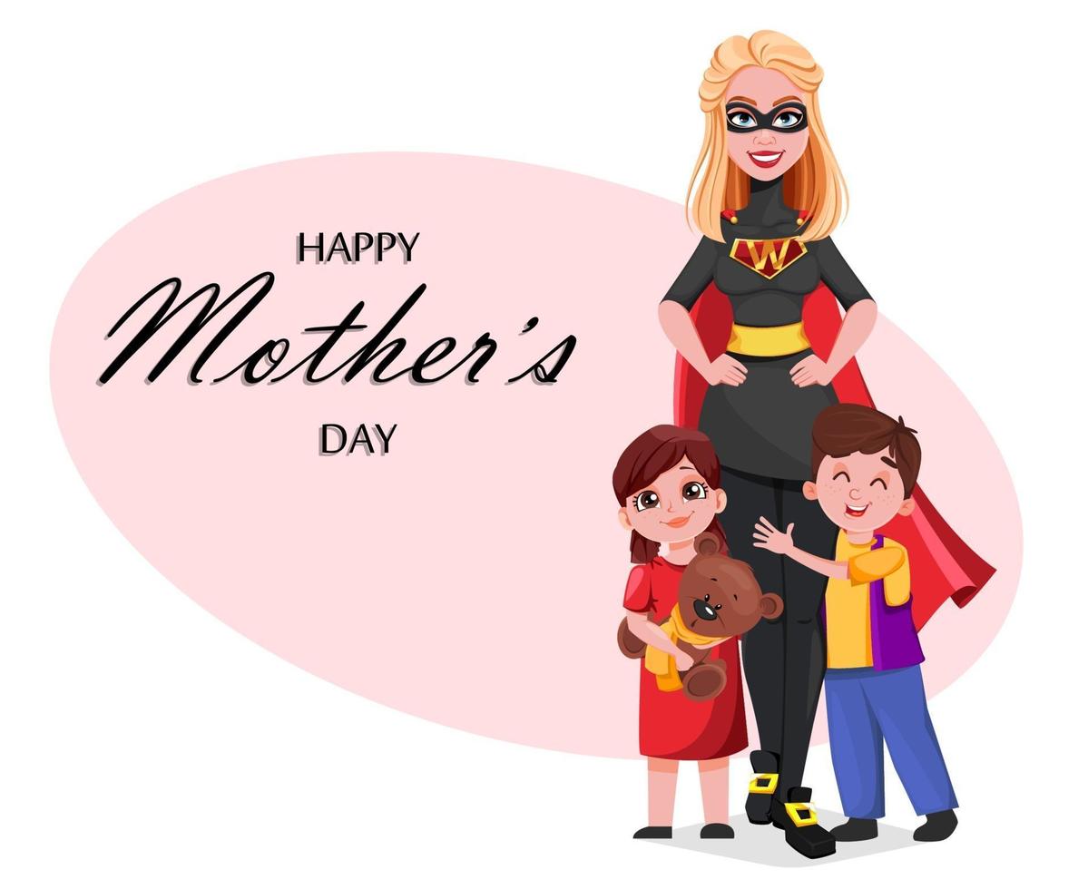 Beautiful woman in superhero costume with her kids vector