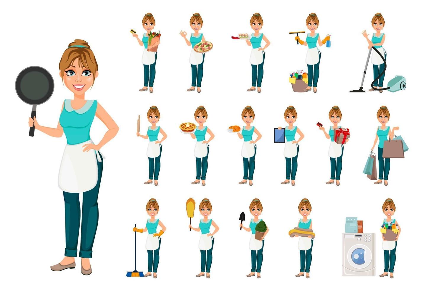Happy housewife, set of seventeen poses vector