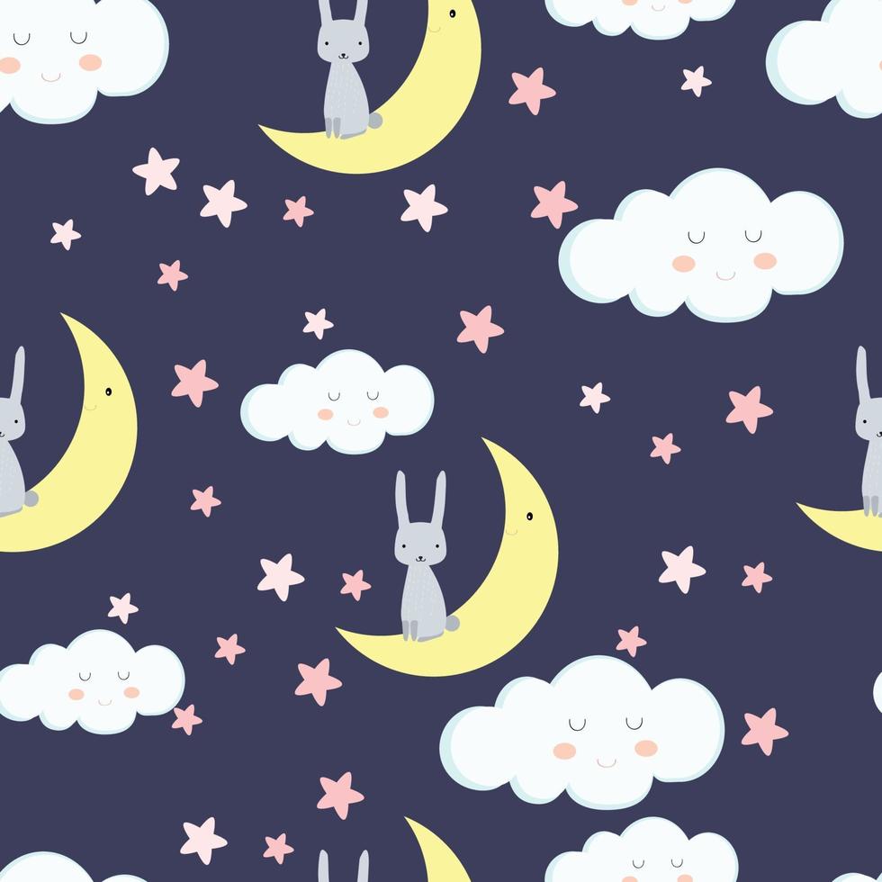 Cute rabbit in cloud cartoon seamless pattern vector