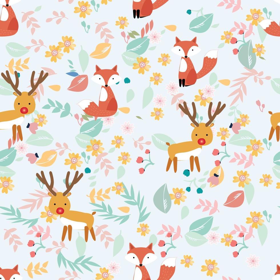 Cute reindeer and fox in sping garden vector