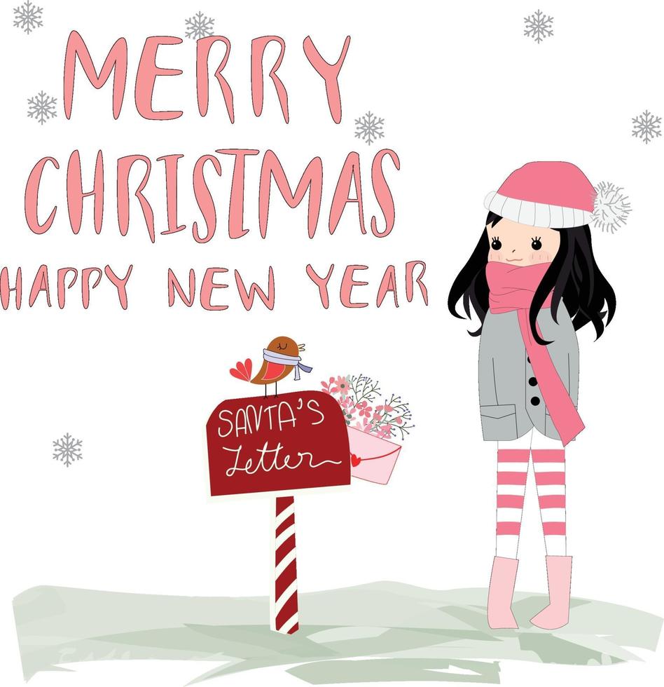 Cute Merry Christmas girl cartoon comic doodle vector