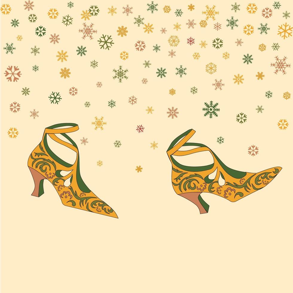 Fashion female shoes background. Retro wallpaper with vintage fashionable boots walking over snowy weather. Merry Christmas and Happy New Year greeting card concept design vector