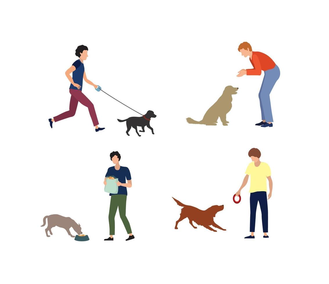 Set of people with dogs. Dog and person. Day care of dogs - feeding, walking, playing with puppy. vector