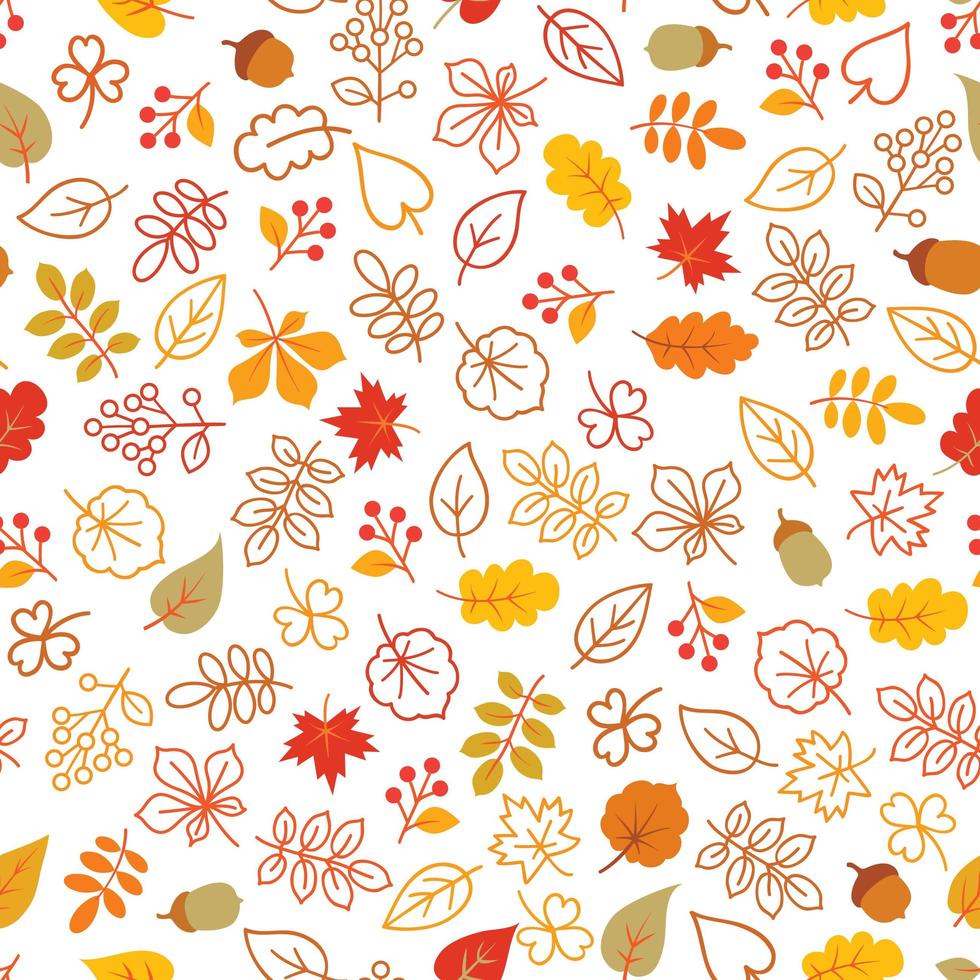 Autumn leaves seamless pattern. Leaf icon set in ornamental tile background. Fall nature backdrop in line art style. vector