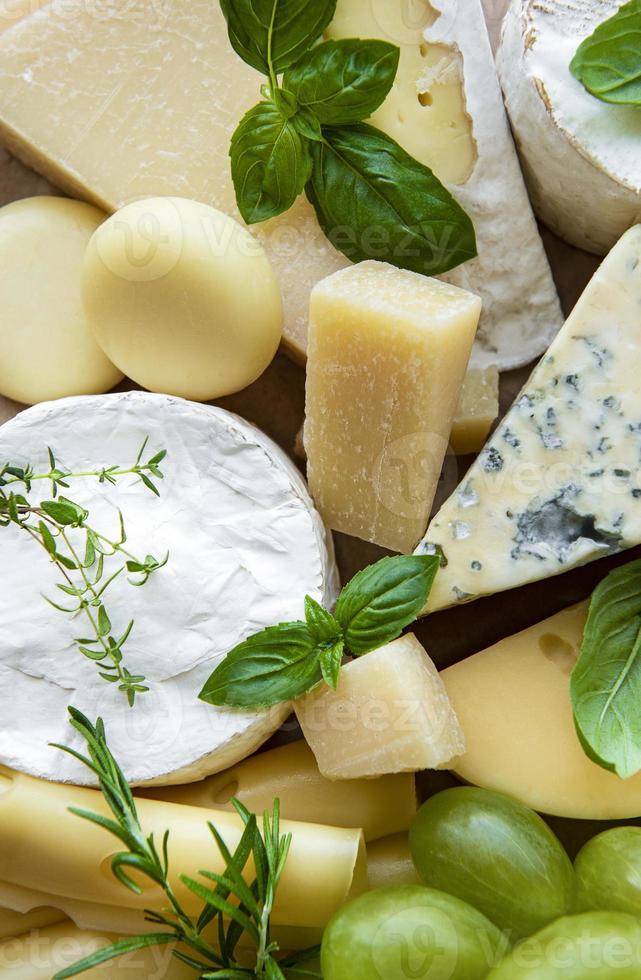 Top view of cheese and green grapes photo