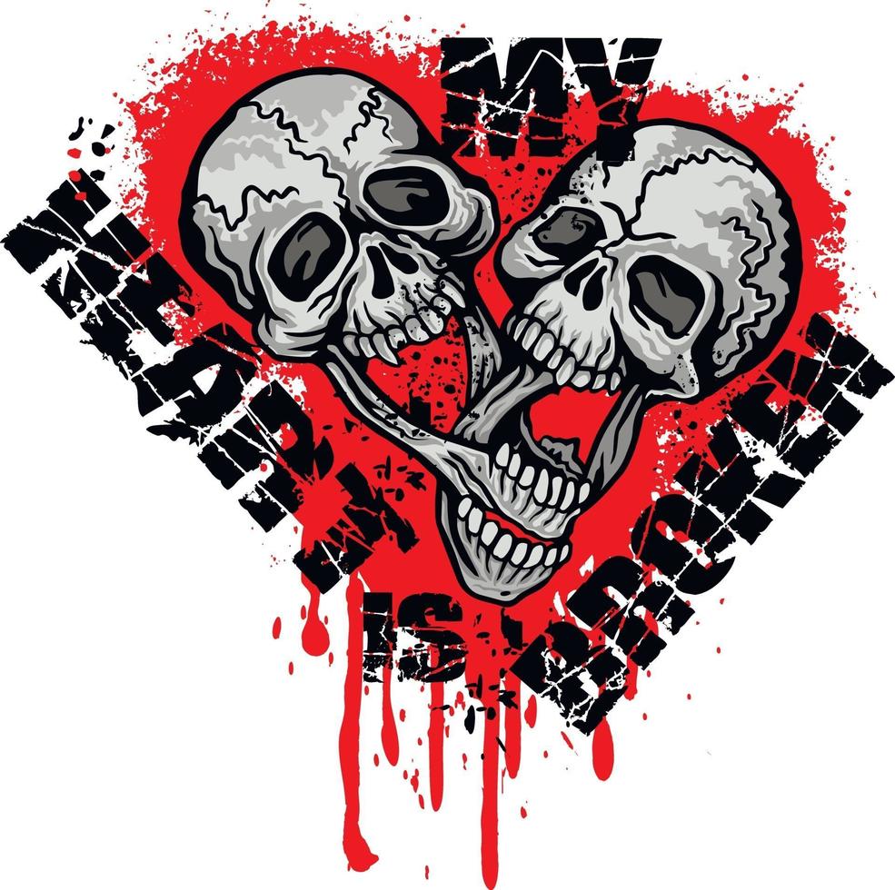 Signo gótico con calavera y corazón, camisetas de diseño vintage grunge vector