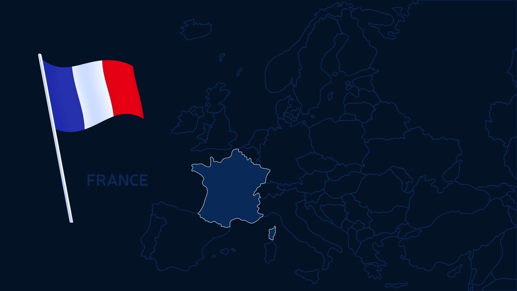 Francia en la ilustración de vector de mapa de Europa. Mapa de Europa de alta calidad con las fronteras de las regiones sobre fondo oscuro con bandera nacional.