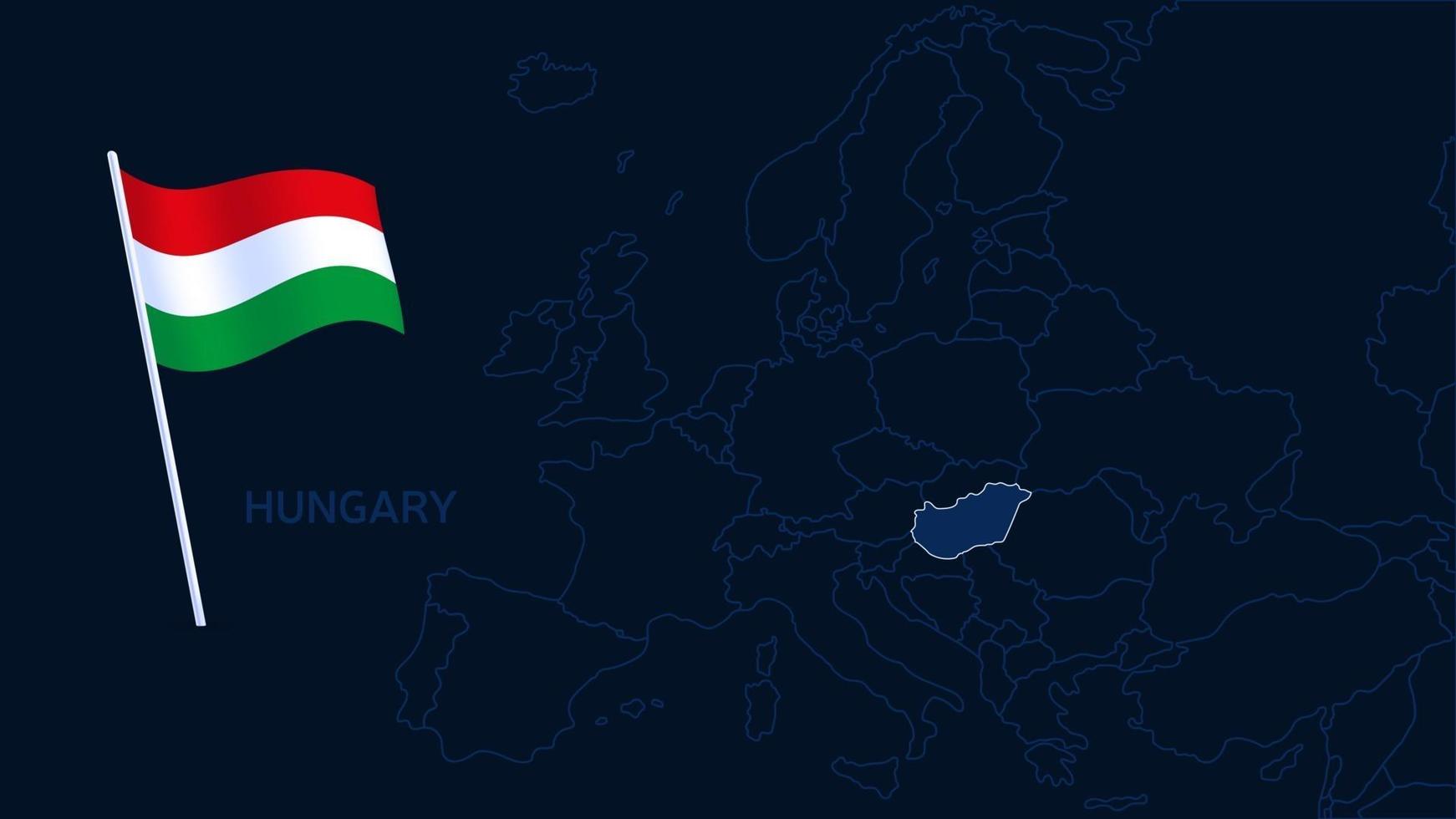 Hungría en la ilustración de vector de mapa de Europa. Mapa de Europa de alta calidad con las fronteras de las regiones sobre fondo oscuro con bandera nacional.